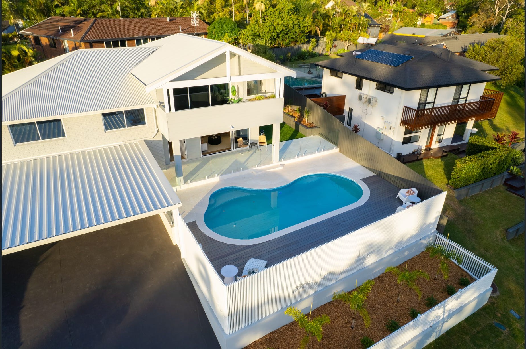 Aerial view of a completed custom home